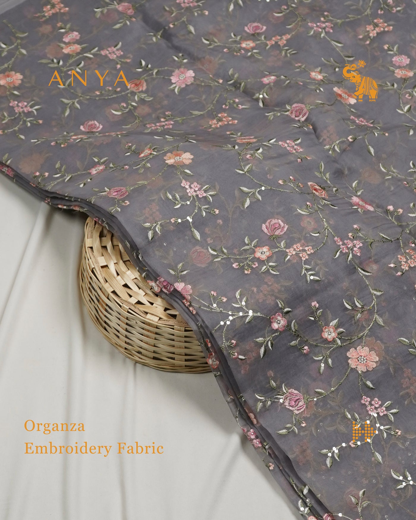 Grey Organza Fabric with Floral Embroidery Sequins Design