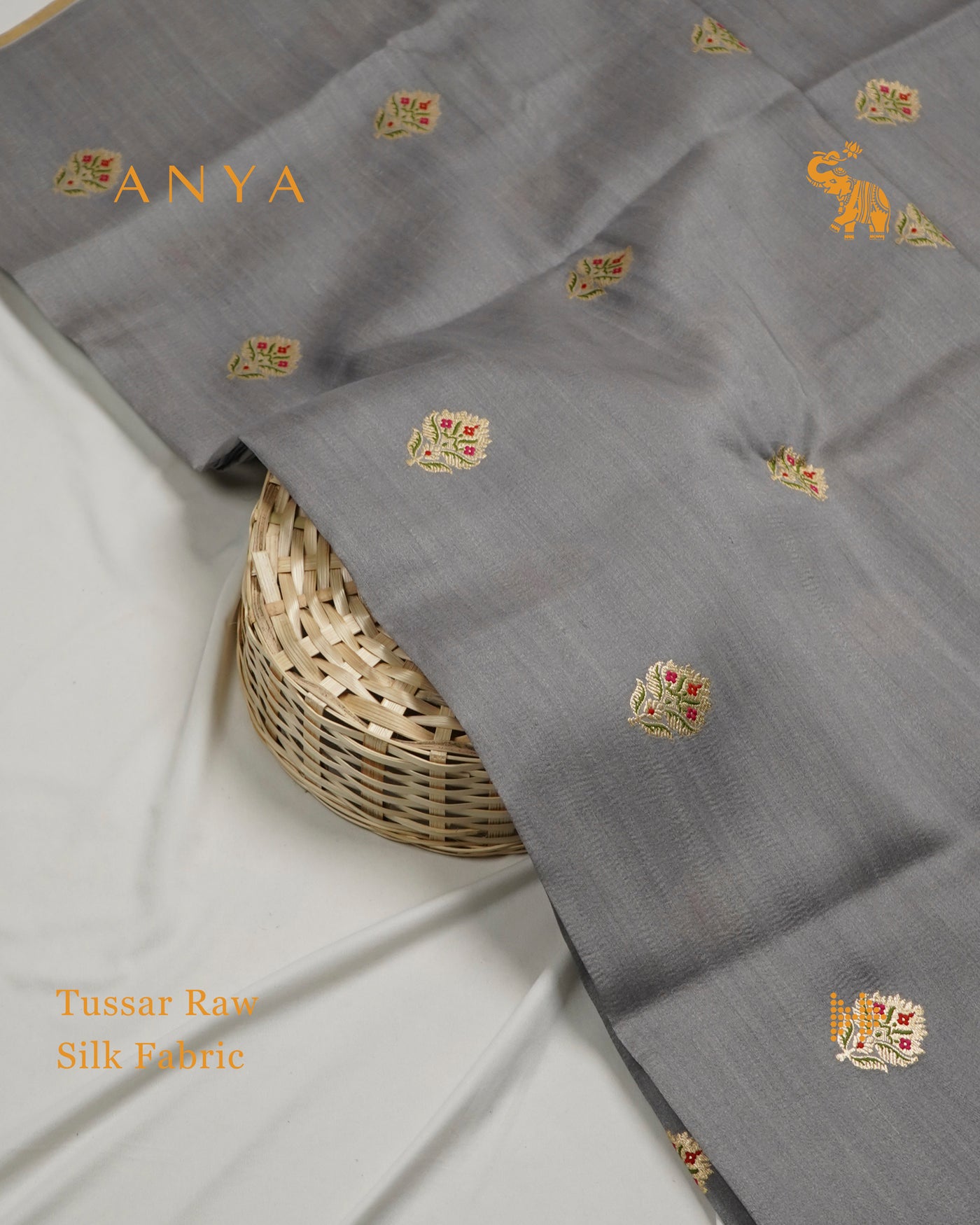 Grey Tussar Raw Silk Fabric with Flower Butta Design