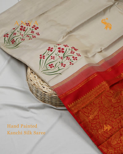 Off White Hand Painted Kanchi Silk Saree with Leaf Painted Design