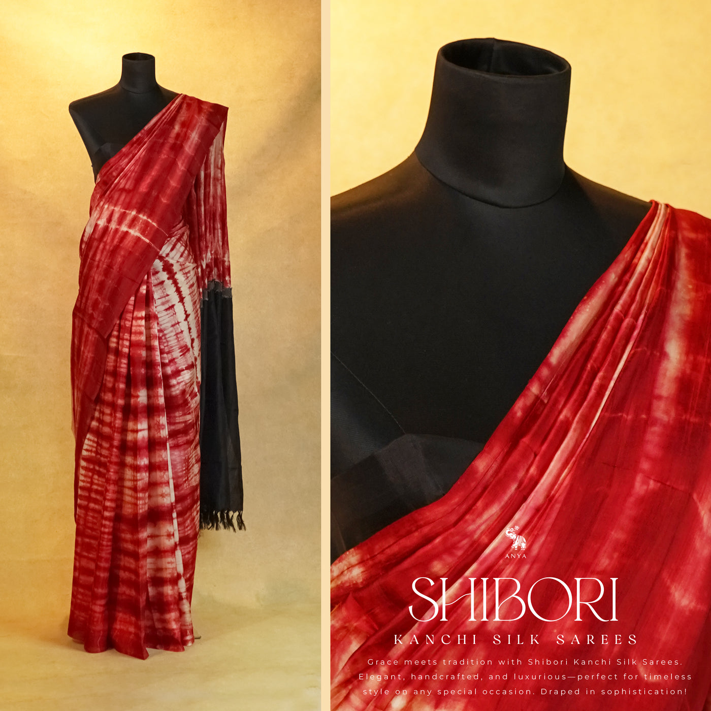 Red and Off White Shibori Kanchi Silk Saree