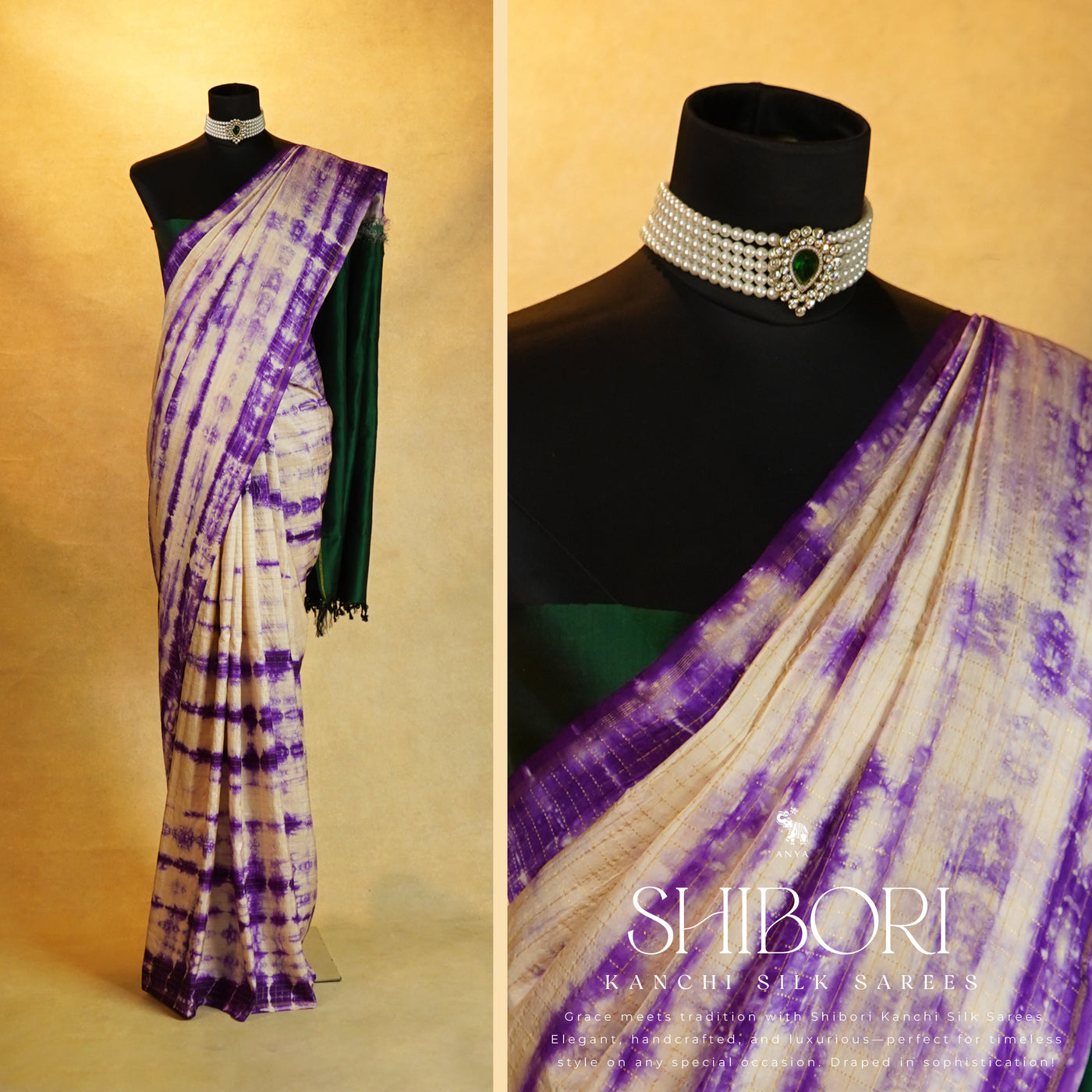 Off White and Purple Shibori Kanchi Silk Saree