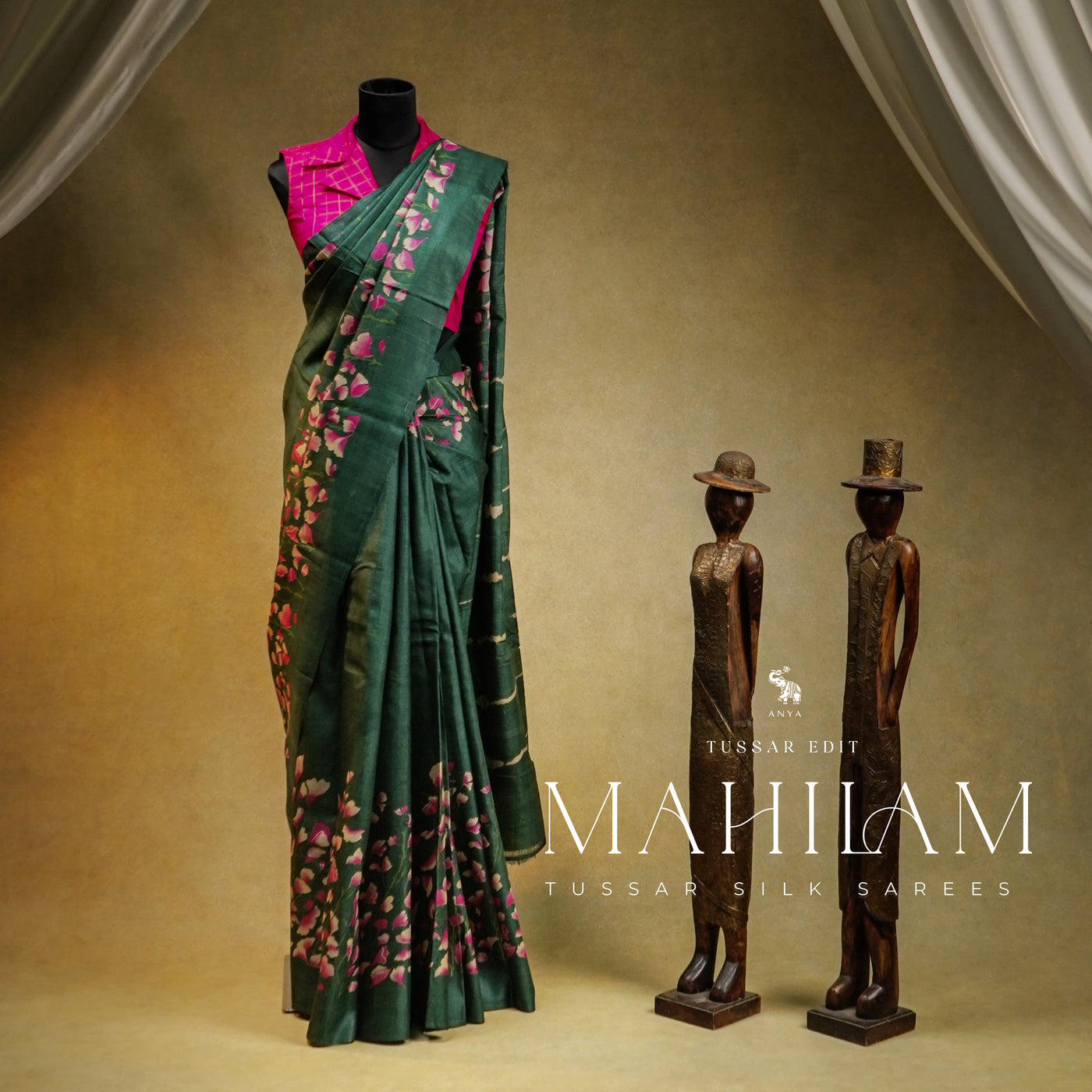 Bottle Green Tussar Silk Saree with Floral Printed Design