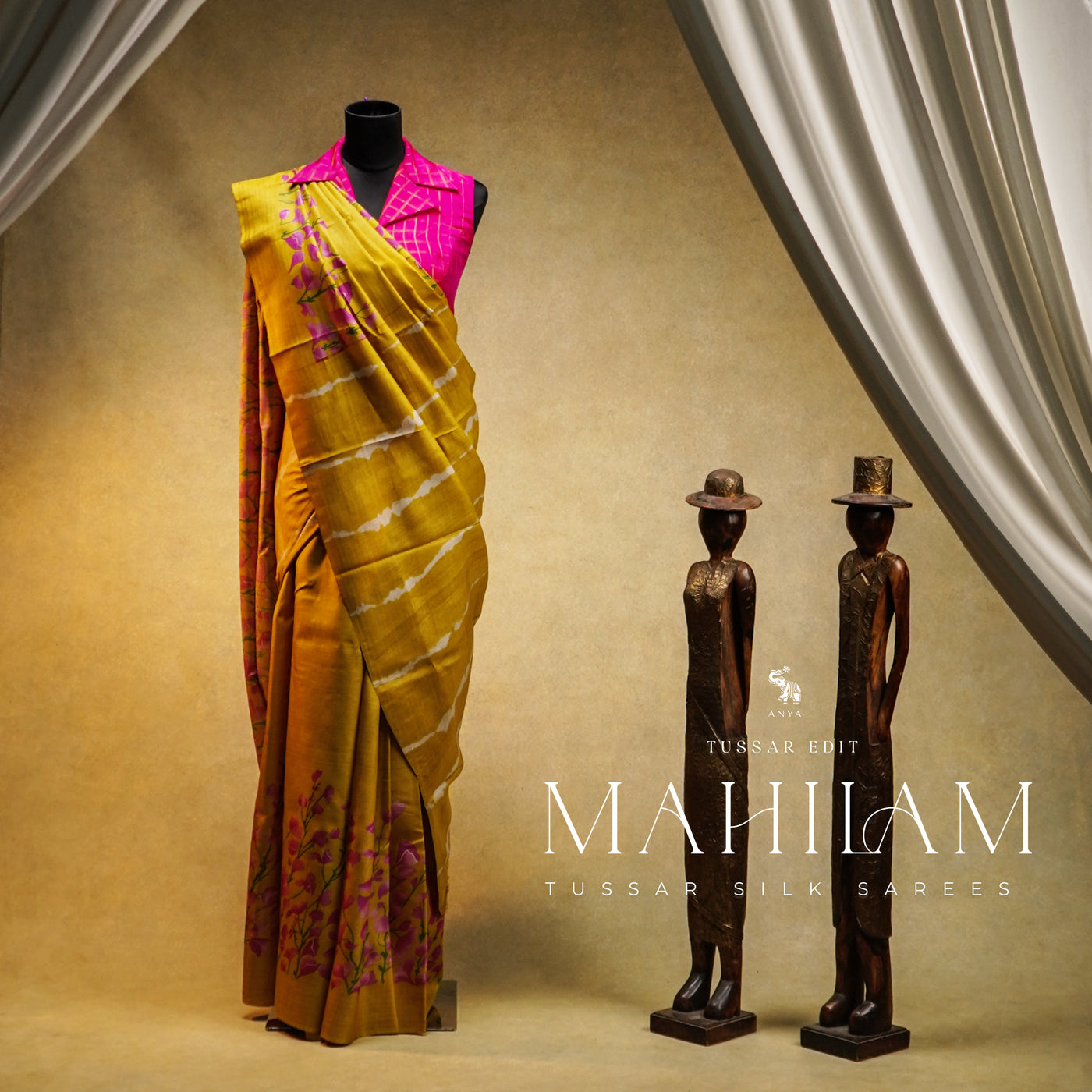 Mustard Tussar Silk Saree with Floral Printed Design