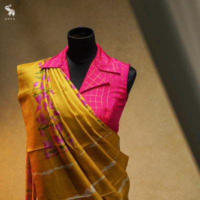 Mustard Tussar Silk Saree with Floral Printed Design