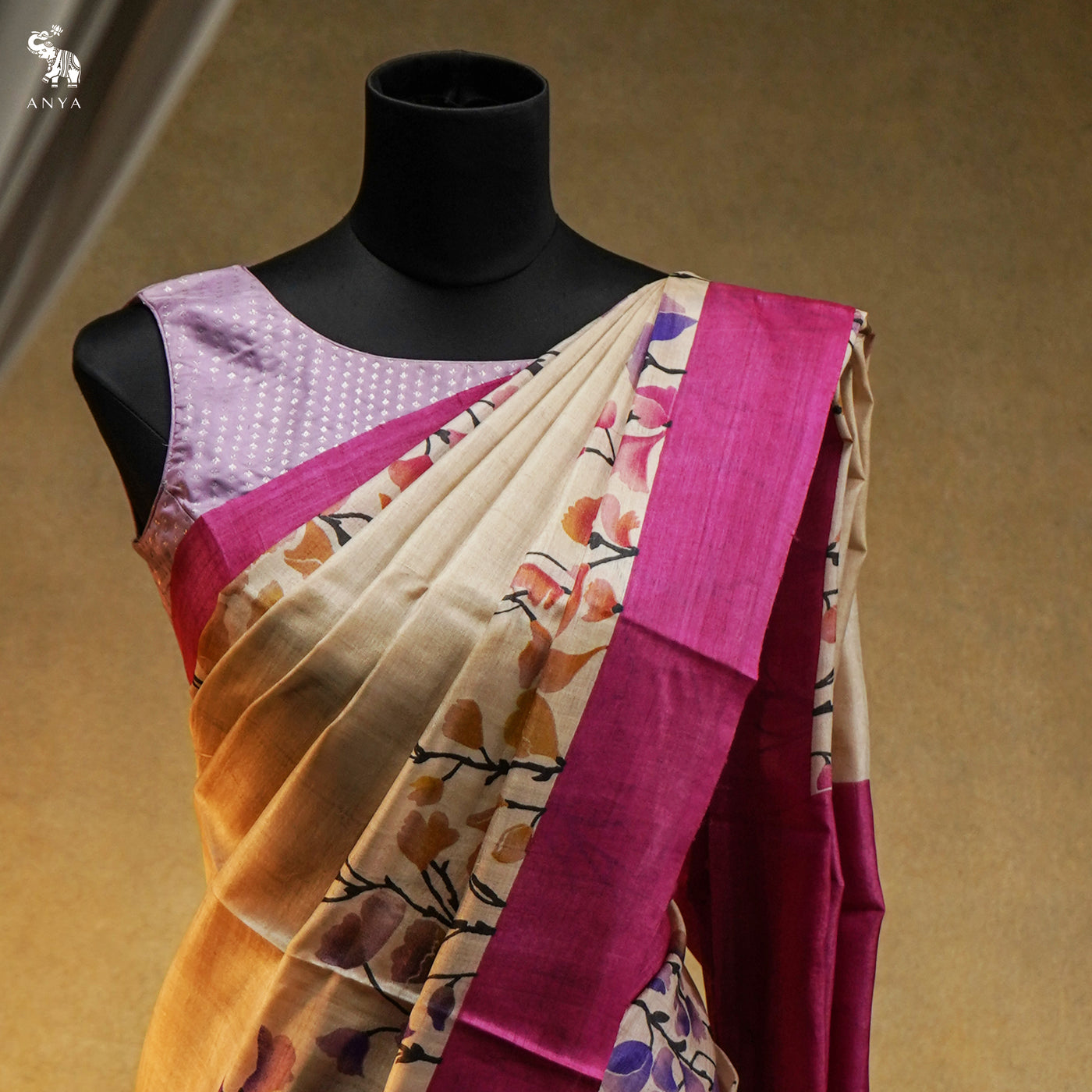 Off White Tussar Silk Saree with Floral Printed Design