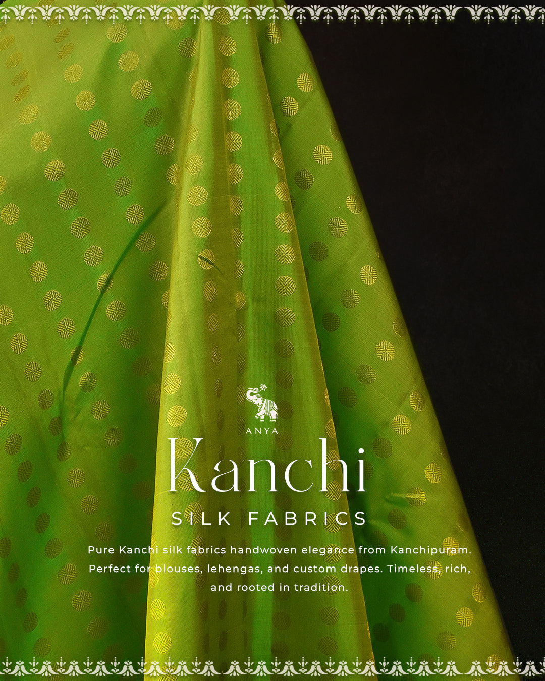 Parrot Green Kanchi Silk Fabric with Rudraksha Butta Design