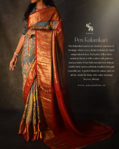 Blue Pen Kalamkari Kanchi Silk Saree
