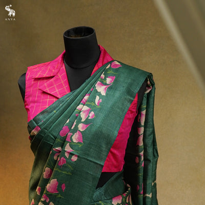 Bottle Green Tussar Silk Saree with Floral Printed Design