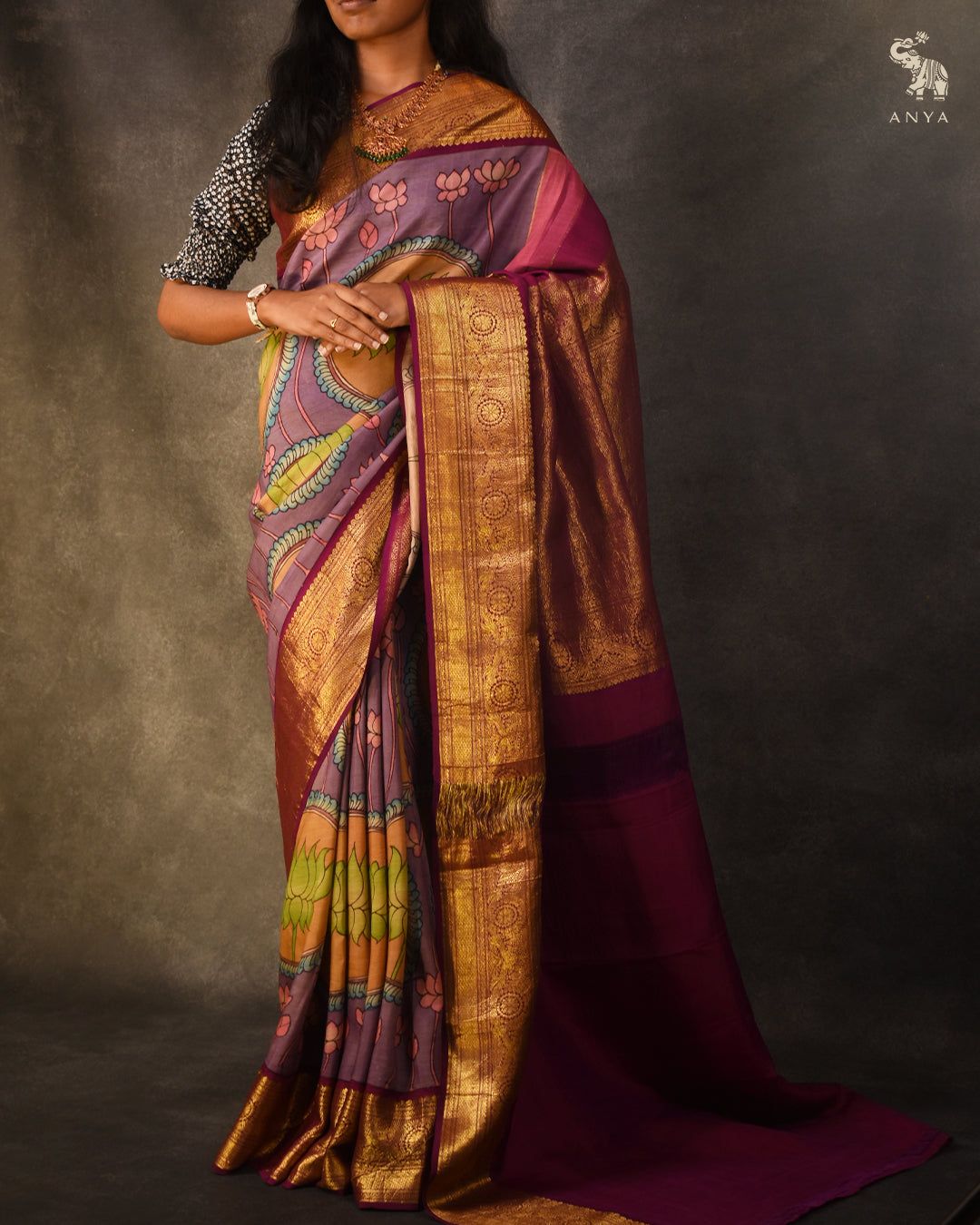 Lavender Pen Kalamkari Kanchi Silk Saree