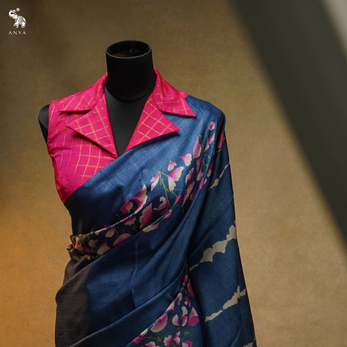 Indigo Blue Tussar Silk Saree with Floral Printed Design