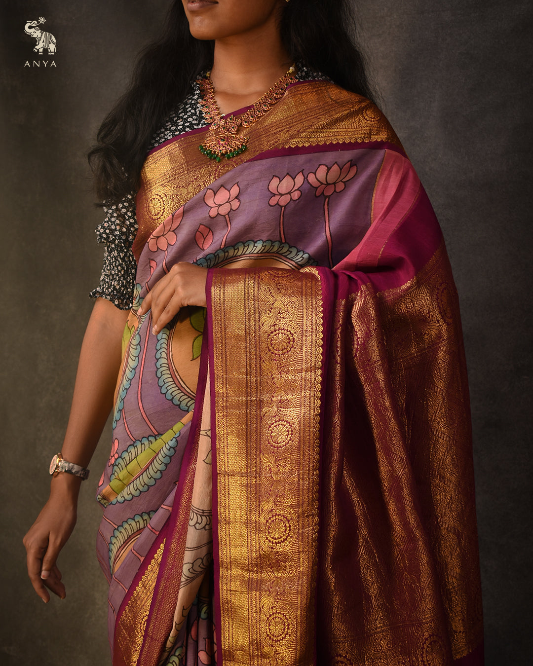 Lavender Pen Kalamkari Kanchi Silk Saree