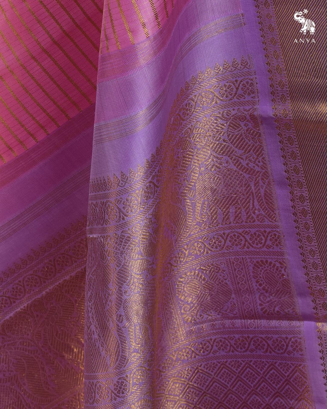 Lotus Pink Kanchipuram Silk Saree with Zari Stripes Design