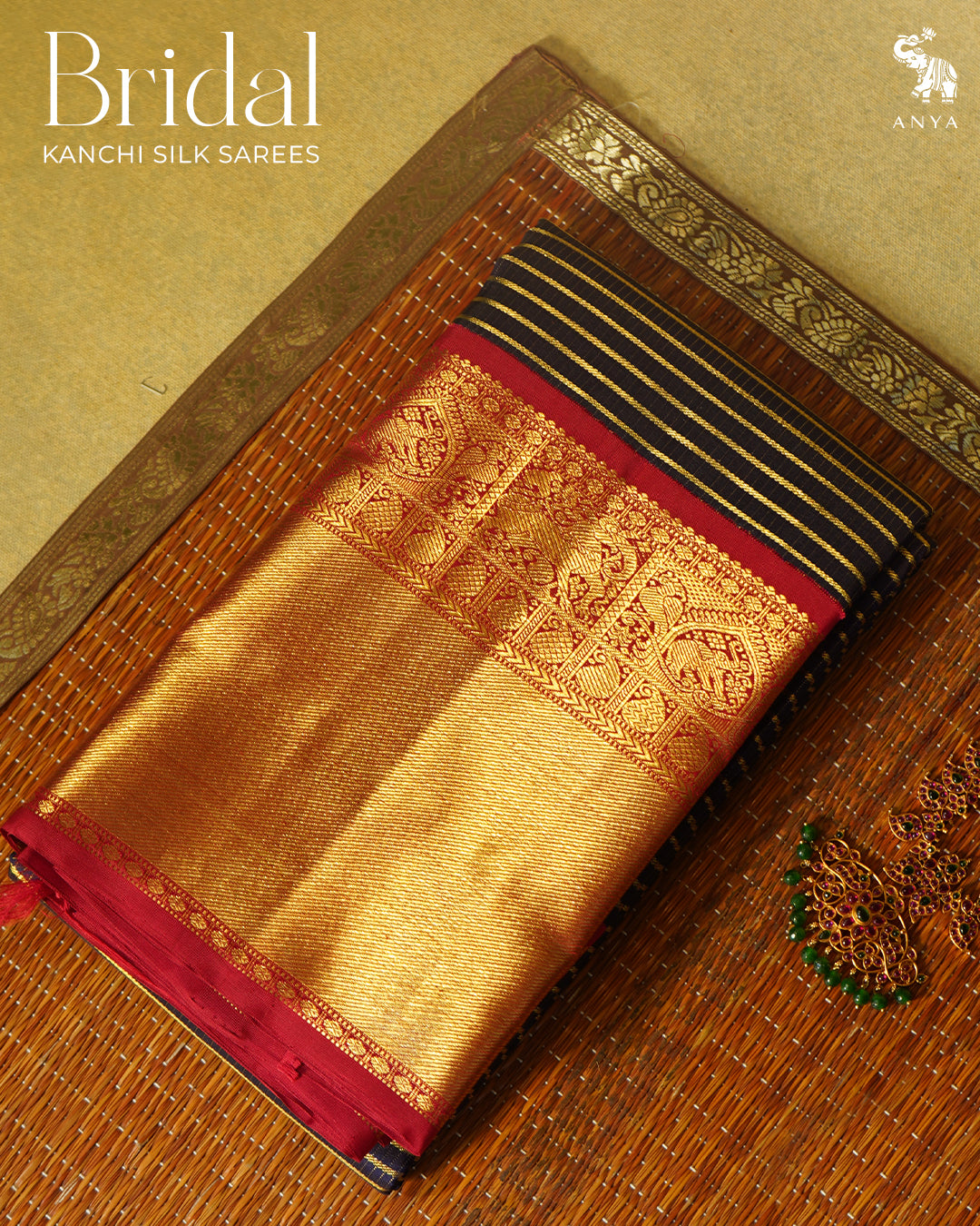Navy Blue Kanchipuram Silk Saree with Zari Stripes Design