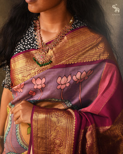 Lavender Pen Kalamkari Kanchi Silk Saree