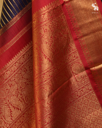 Navy Blue Kanchipuram Silk Saree with Zari Stripes Design