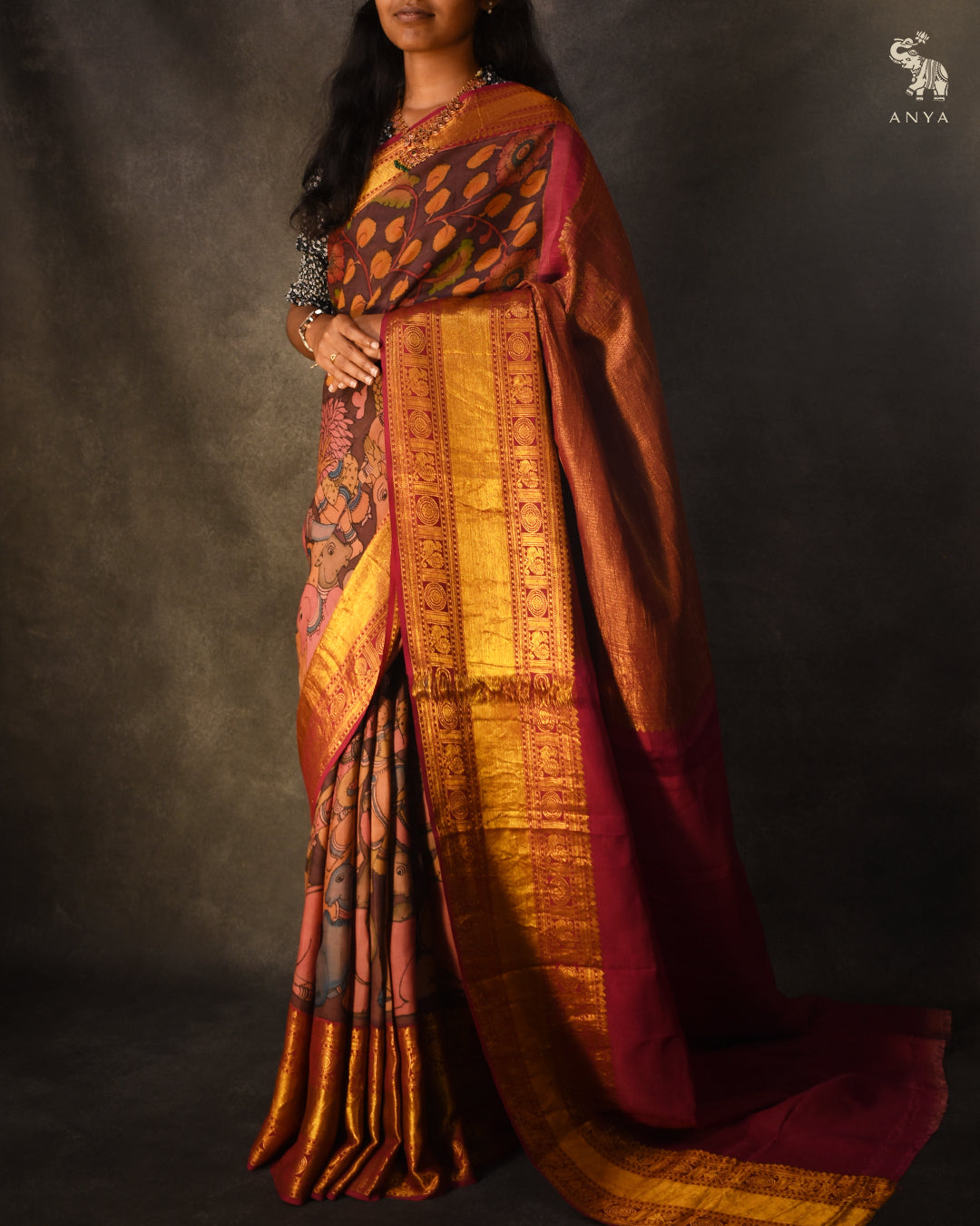 V Pakku Pen Kalamkari Kanchi Silk Saree