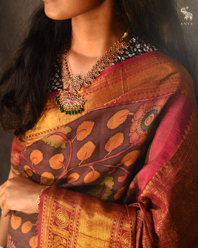 V Pakku Pen Kalamkari Kanchi Silk Saree