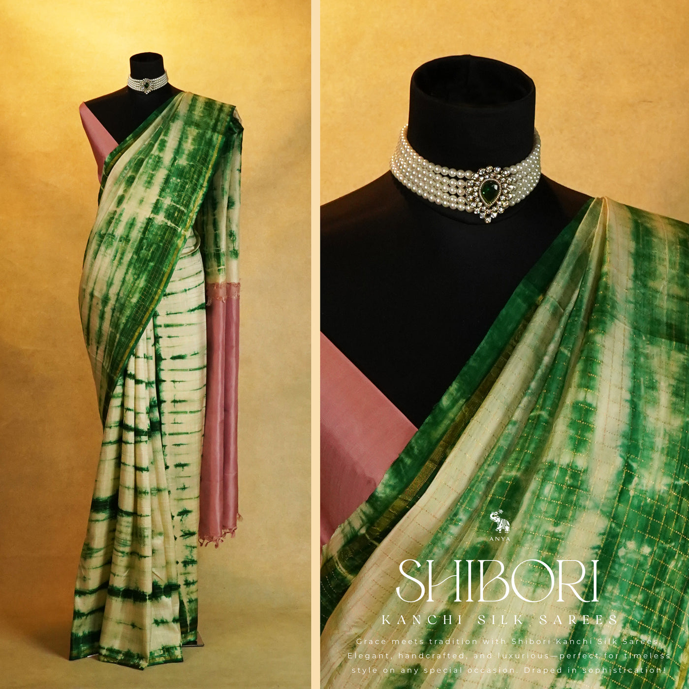 Off White and Green Shibori Kanchi Silk Saree