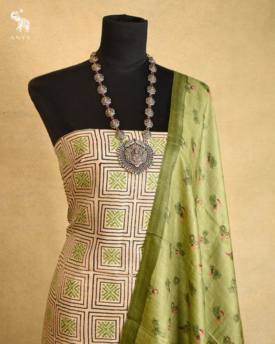Off White Tussar Silk Salwar with Apple Green Floral Printed Dupatta