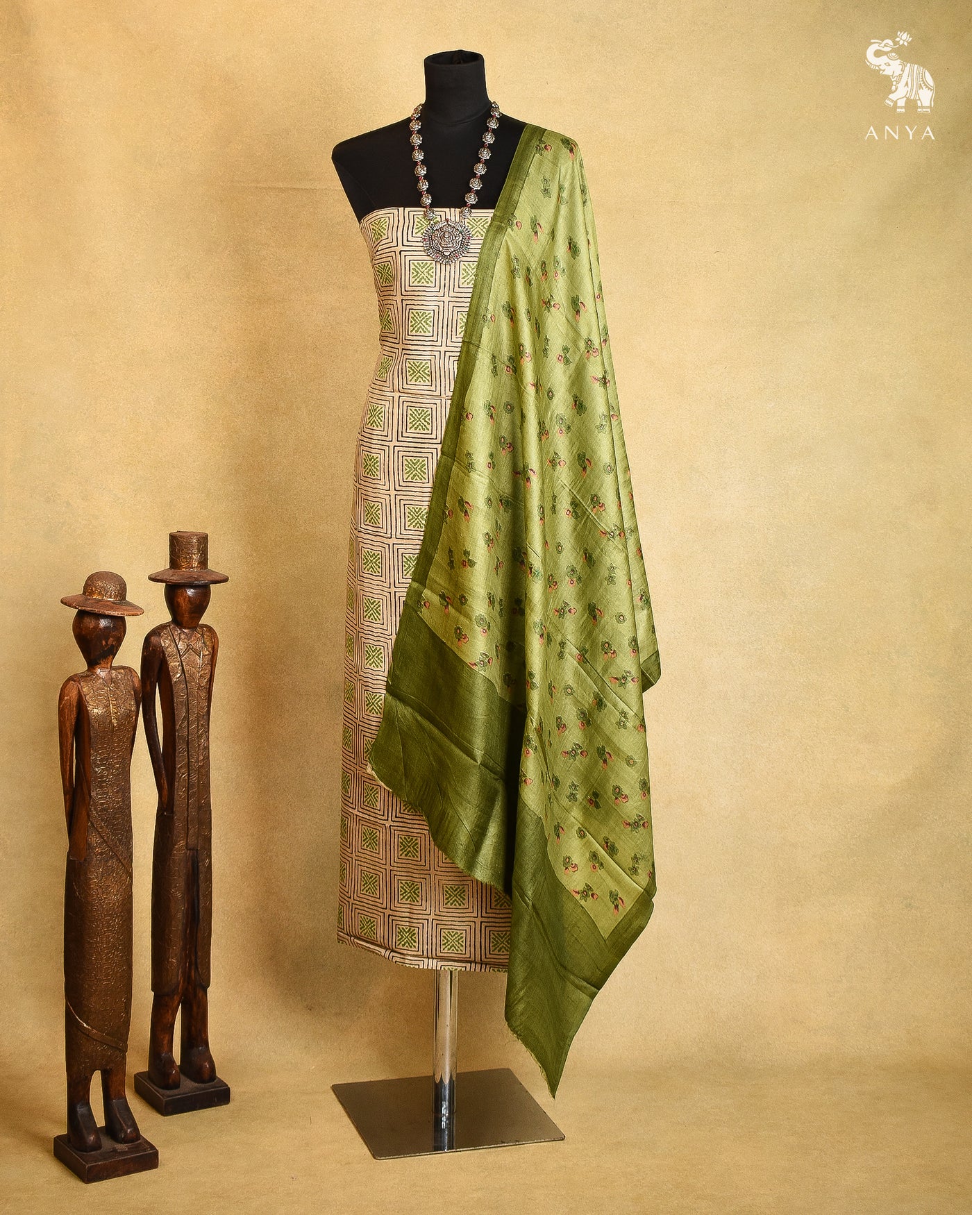 Off White Tussar Silk Salwar with Apple Green Floral Printed Dupatta