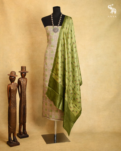 Off White Tussar Silk Salwar with Apple Green Floral Printed Dupatta