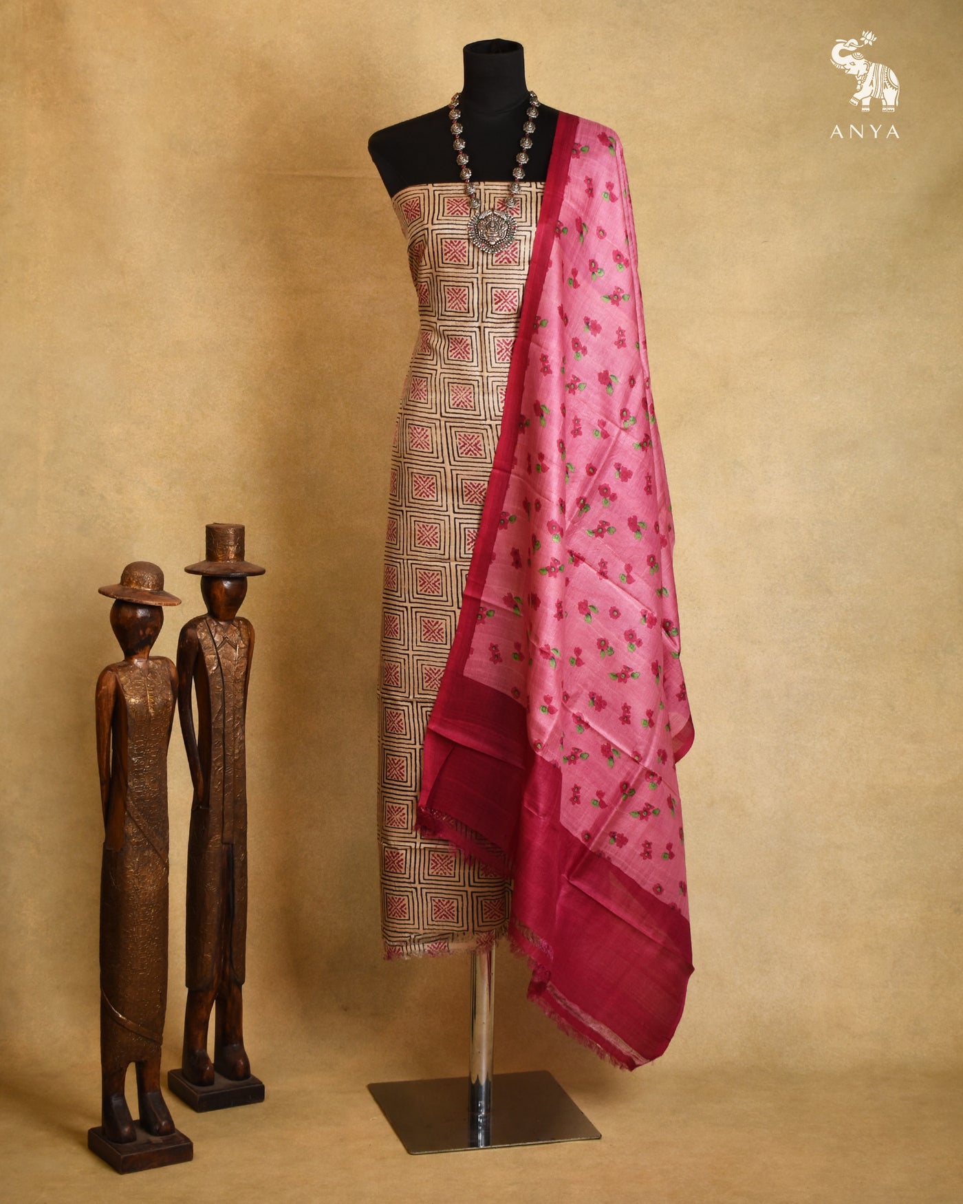 Off White Tussar Silk Salwar with Onion Pink Floral Printed Dupatta