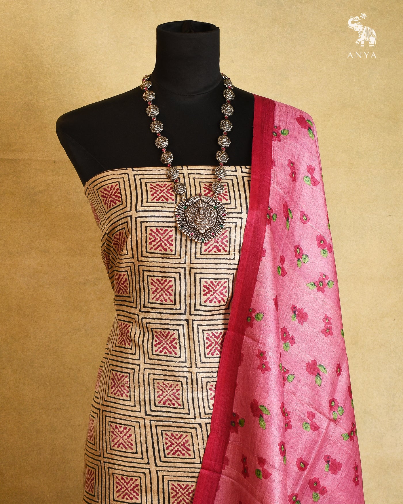Off White Tussar Silk Salwar with Onion Pink Floral Printed Dupatta