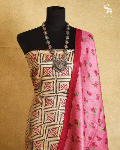Off White Tussar Silk Salwar with Onion Pink Floral Printed Dupatta