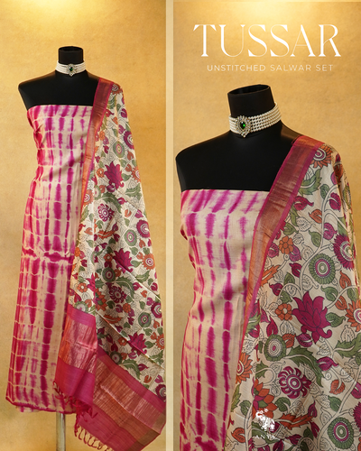 Rani Arakku Shibori Print Tussar Silk Salwar with Rani Arakku Kalamkari Print Dupatta