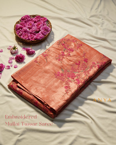 Pink Tussar Silk Saree with Floral Embroidery Design