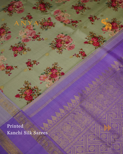 Apple Green Printed Kanchi Silk Saree with Floral Printed Design