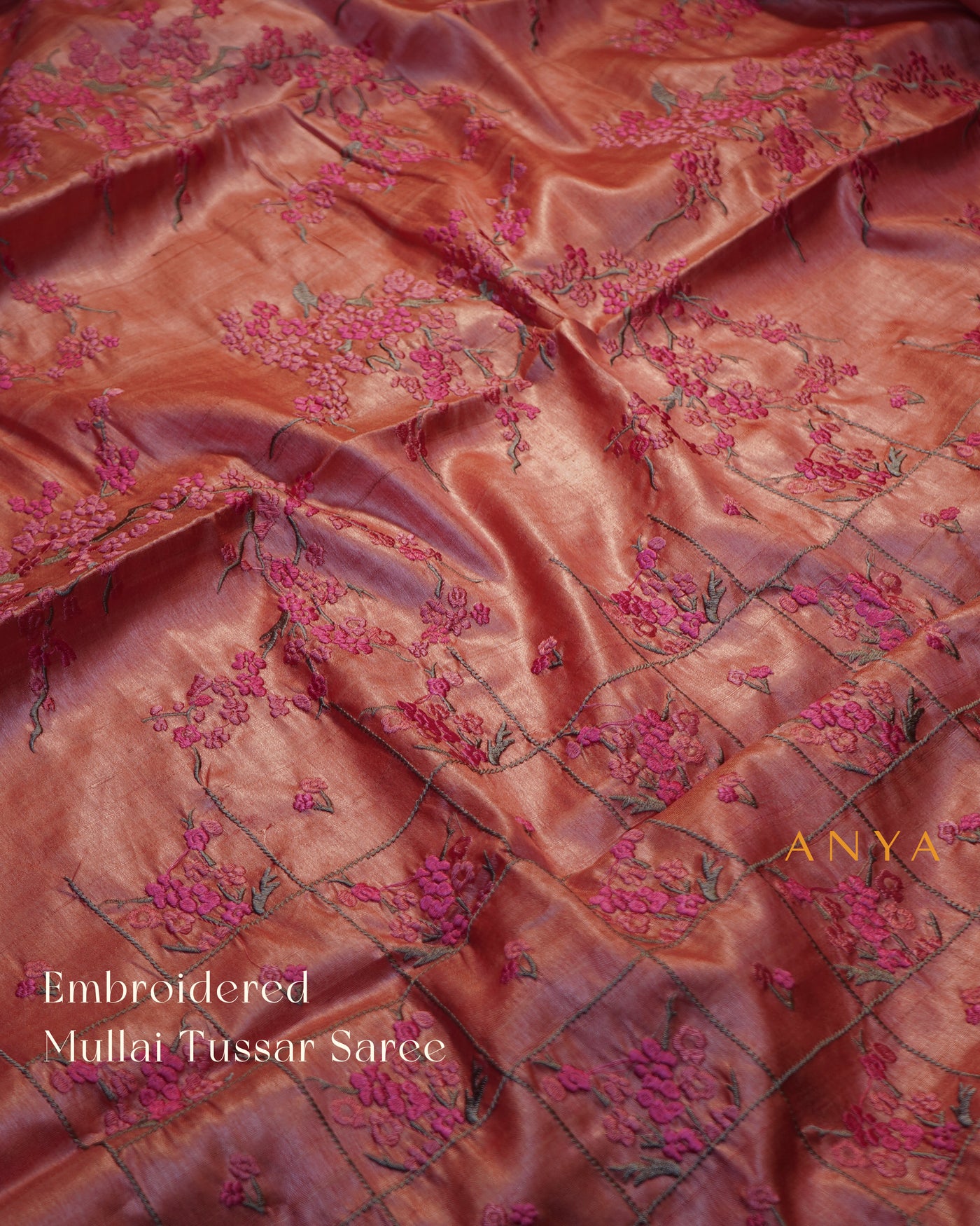 Pink Tussar Silk Saree with Floral Embroidery Design