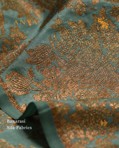 Baby Blue Banarasi Silk Fabric with Antique Floral Butta Design