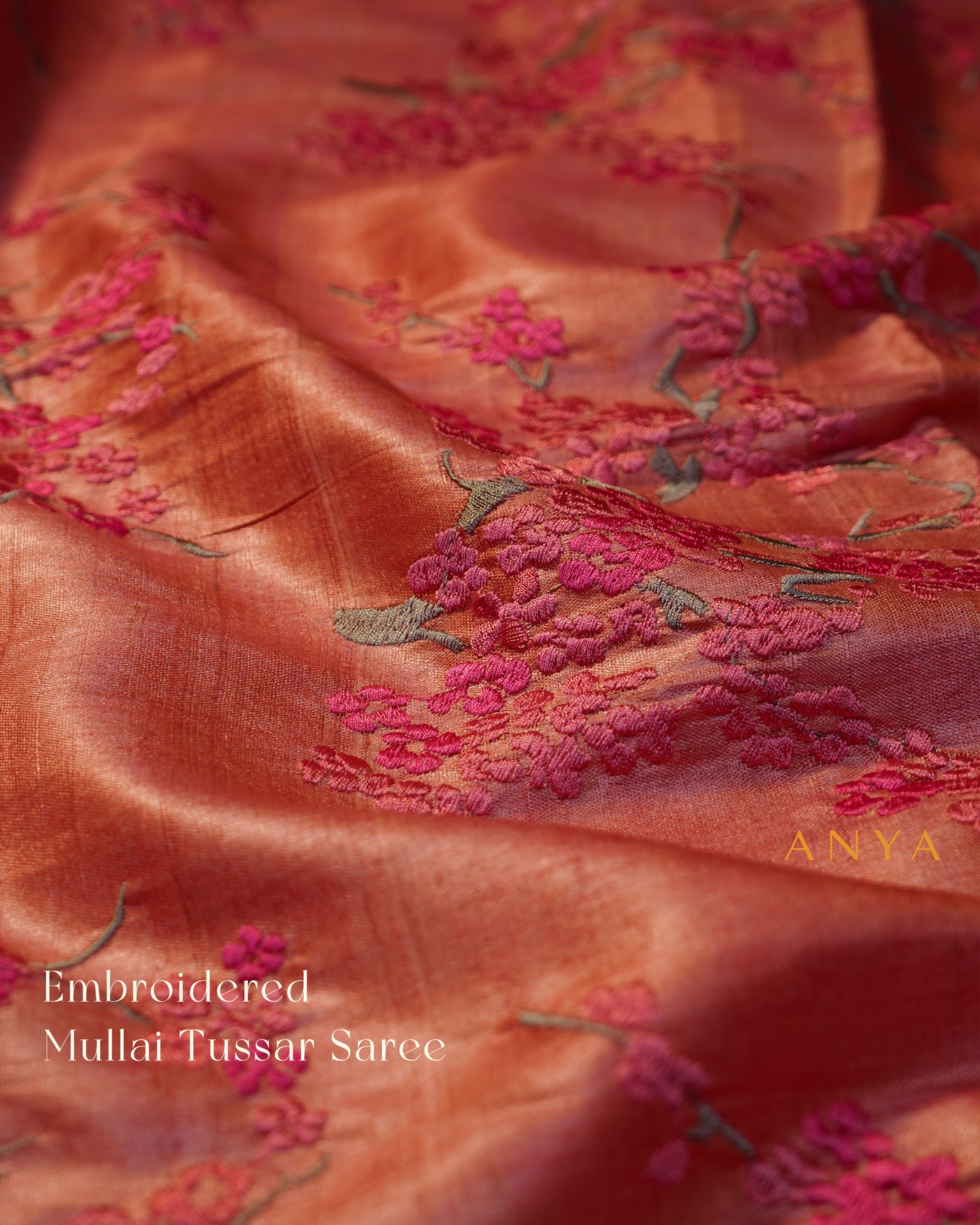 Pink Tussar Silk Saree with Floral Embroidery Design