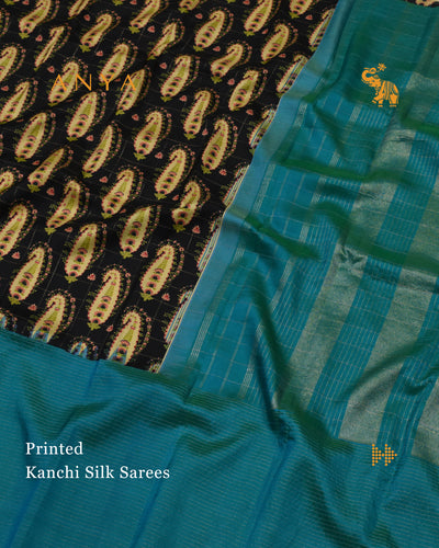 Black Printed Kanchi Silk Saree with Zari Kattam and Mango Print Design