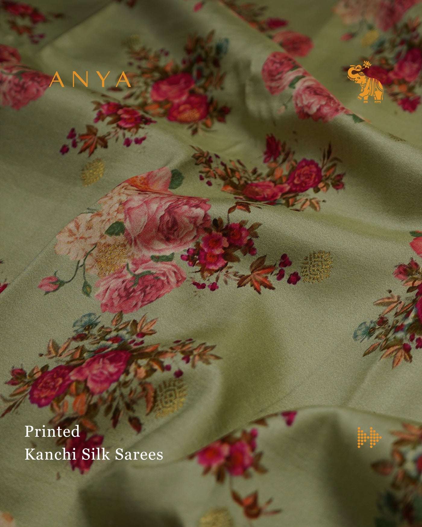 Apple Green Printed Kanchi Silk Saree with Floral Printed Design