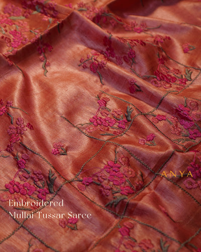 Pink Tussar Silk Saree with Floral Embroidery Design