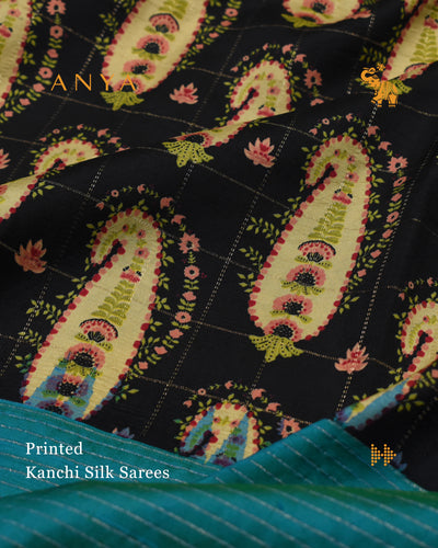 Black Printed Kanchi Silk Saree with Zari Kattam and Mango Print Design