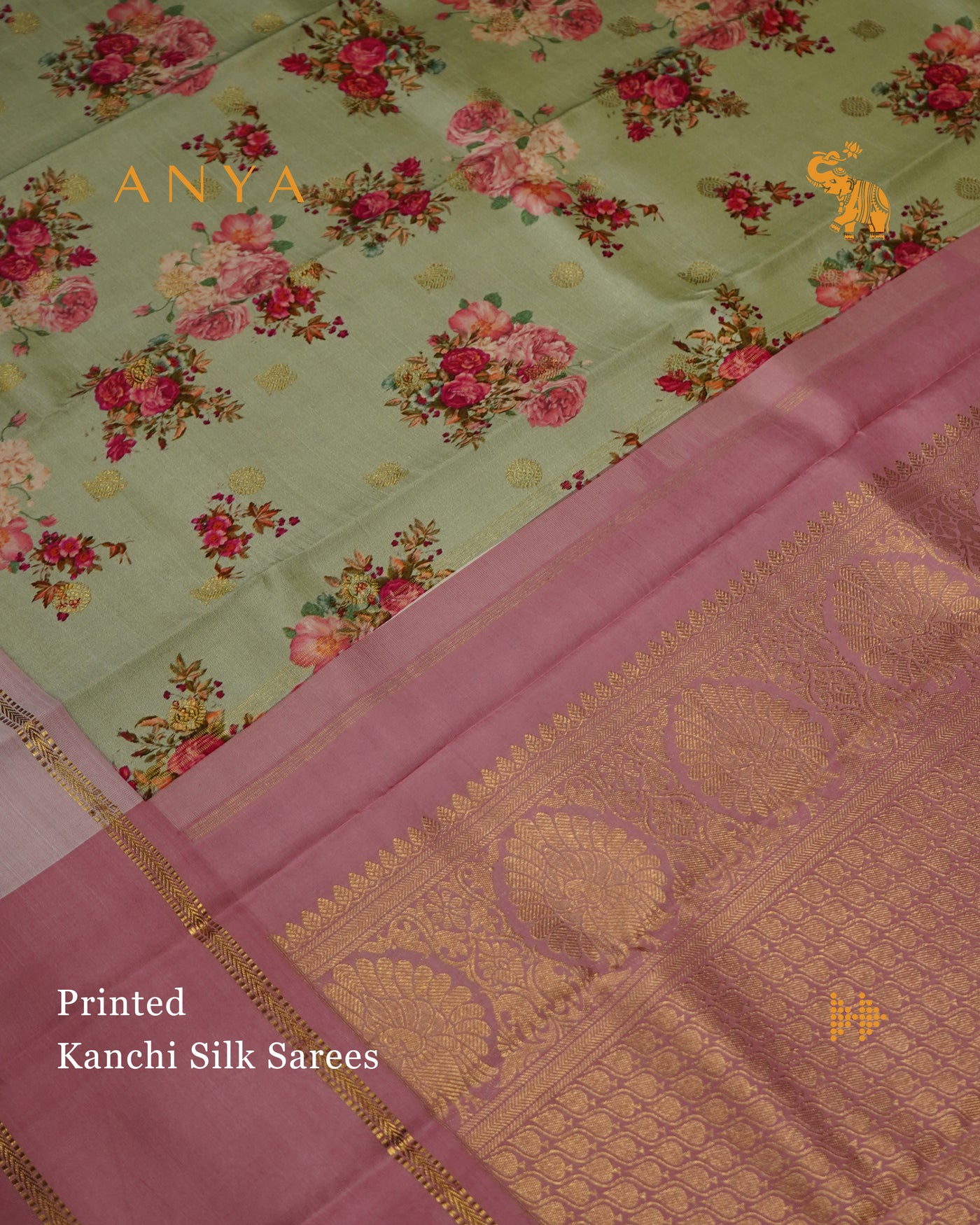 Apple Green Printed Kanchi Silk Saree with Floral Printed Design