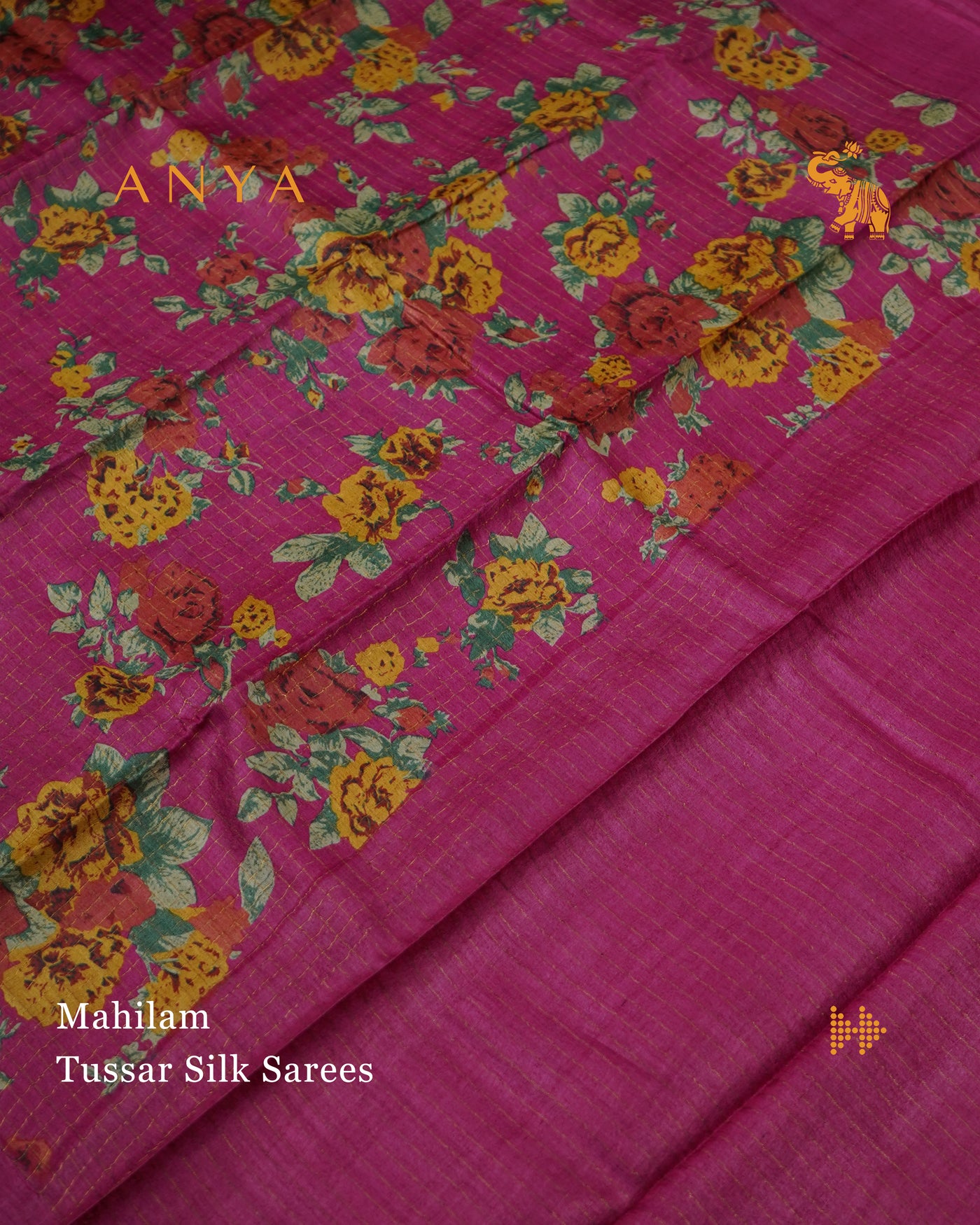 Pink Tussar Silk Saree with Floral Print and Zari Checks Design