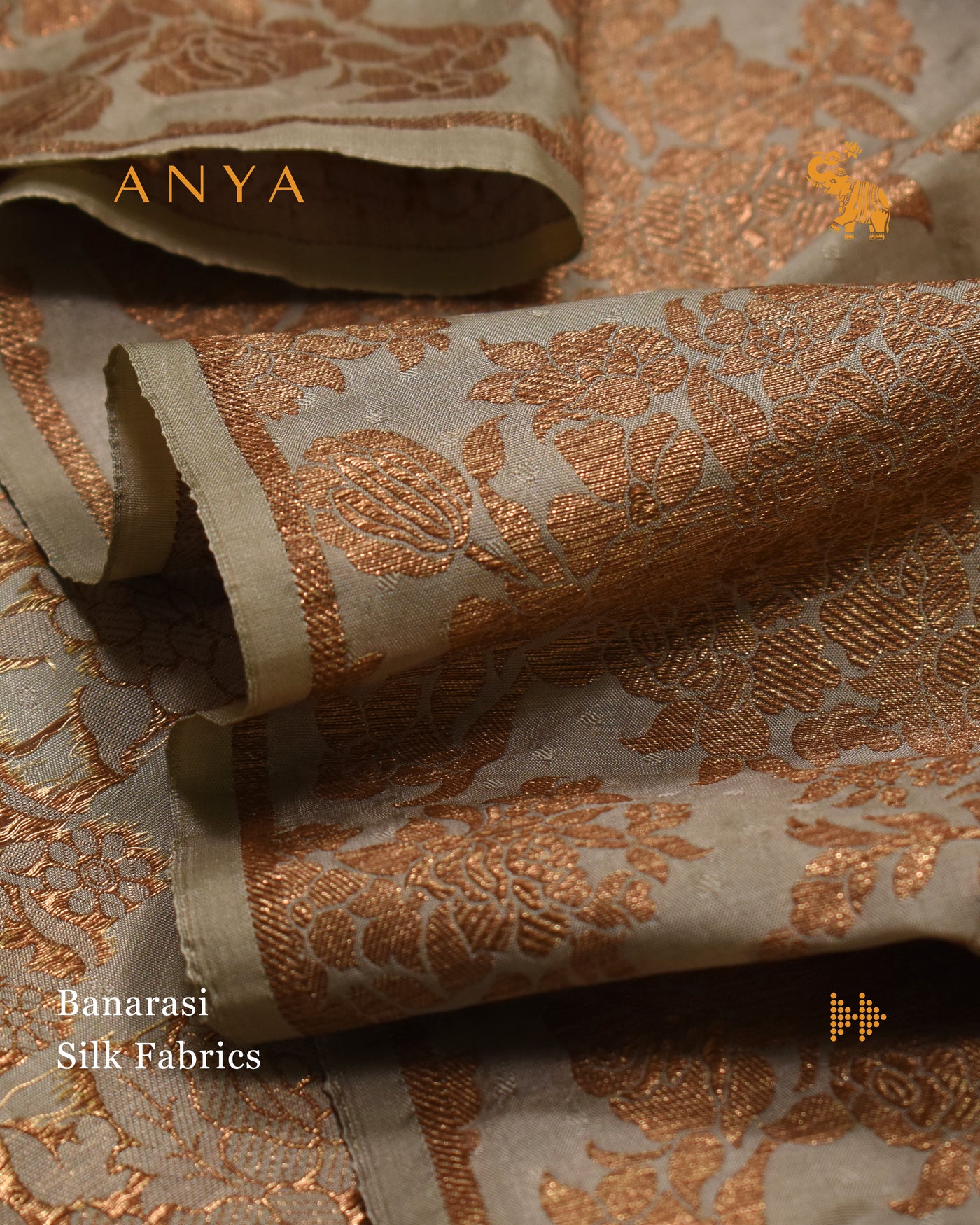 Grey Banarasi Silk Fabric with Antique Floral Butta Design