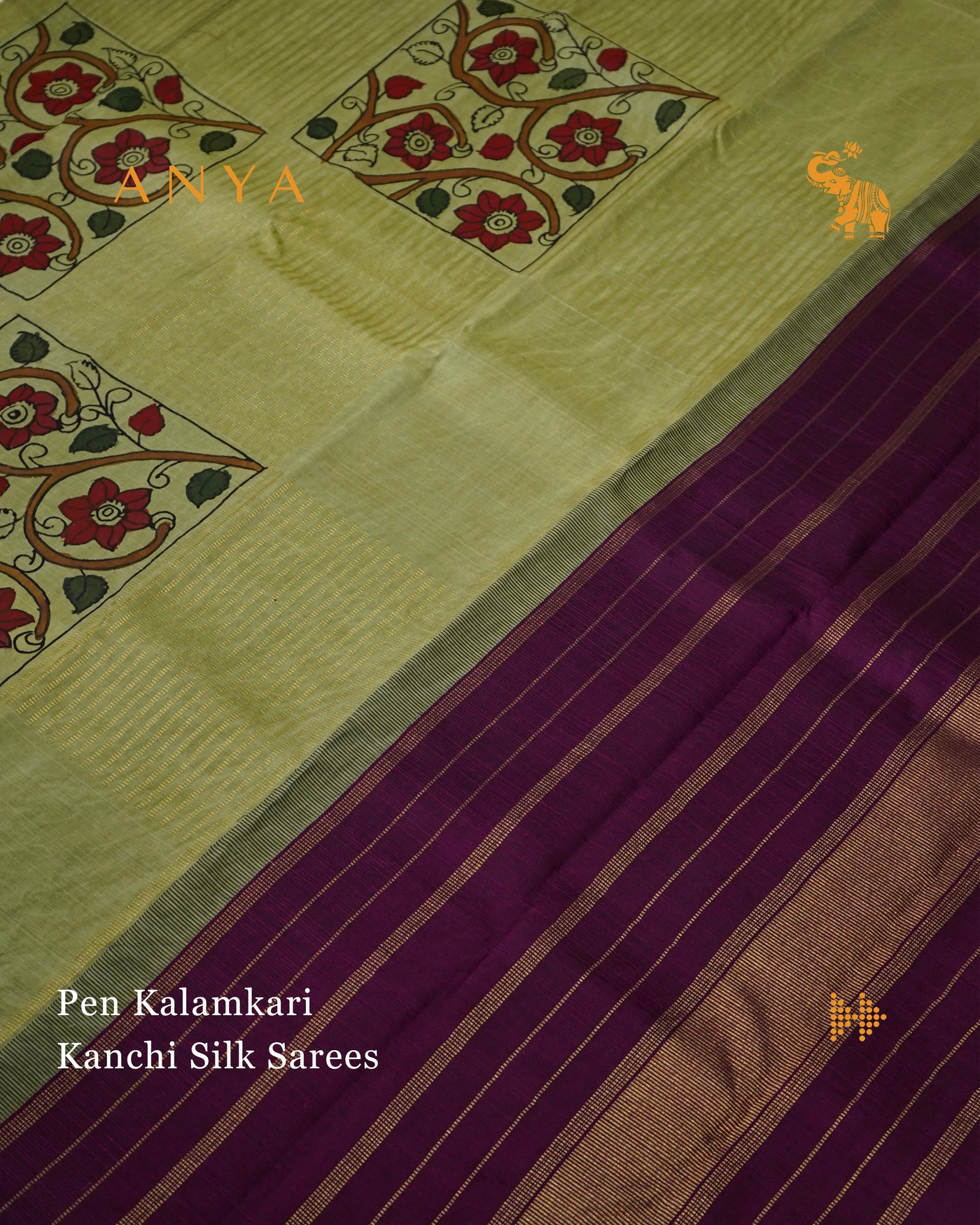 Apple Green Pen Kalamkari Kanchi Silk Saree with Box Pattern Kalamkari Design