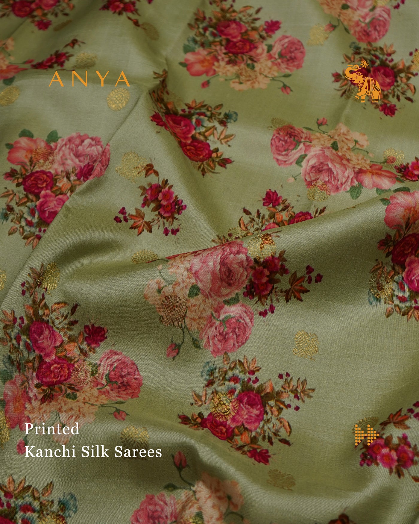 Apple Green Printed Kanchi Silk Saree with Floral Printed Design