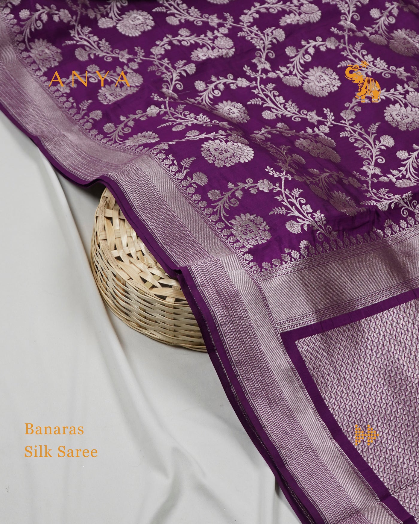 Wine and Silver Banarasi Silk Saree with Floral Creeper Design