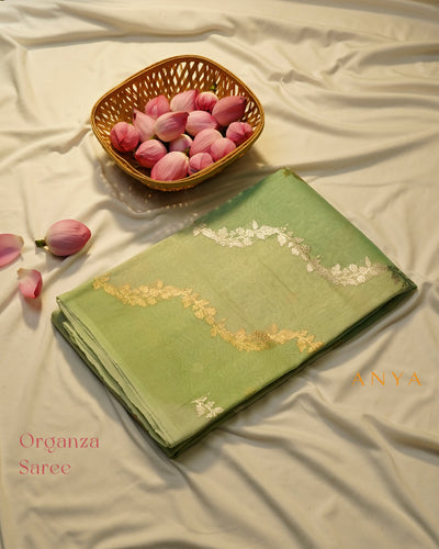 Mint Green Organza Saree with Creeper Design