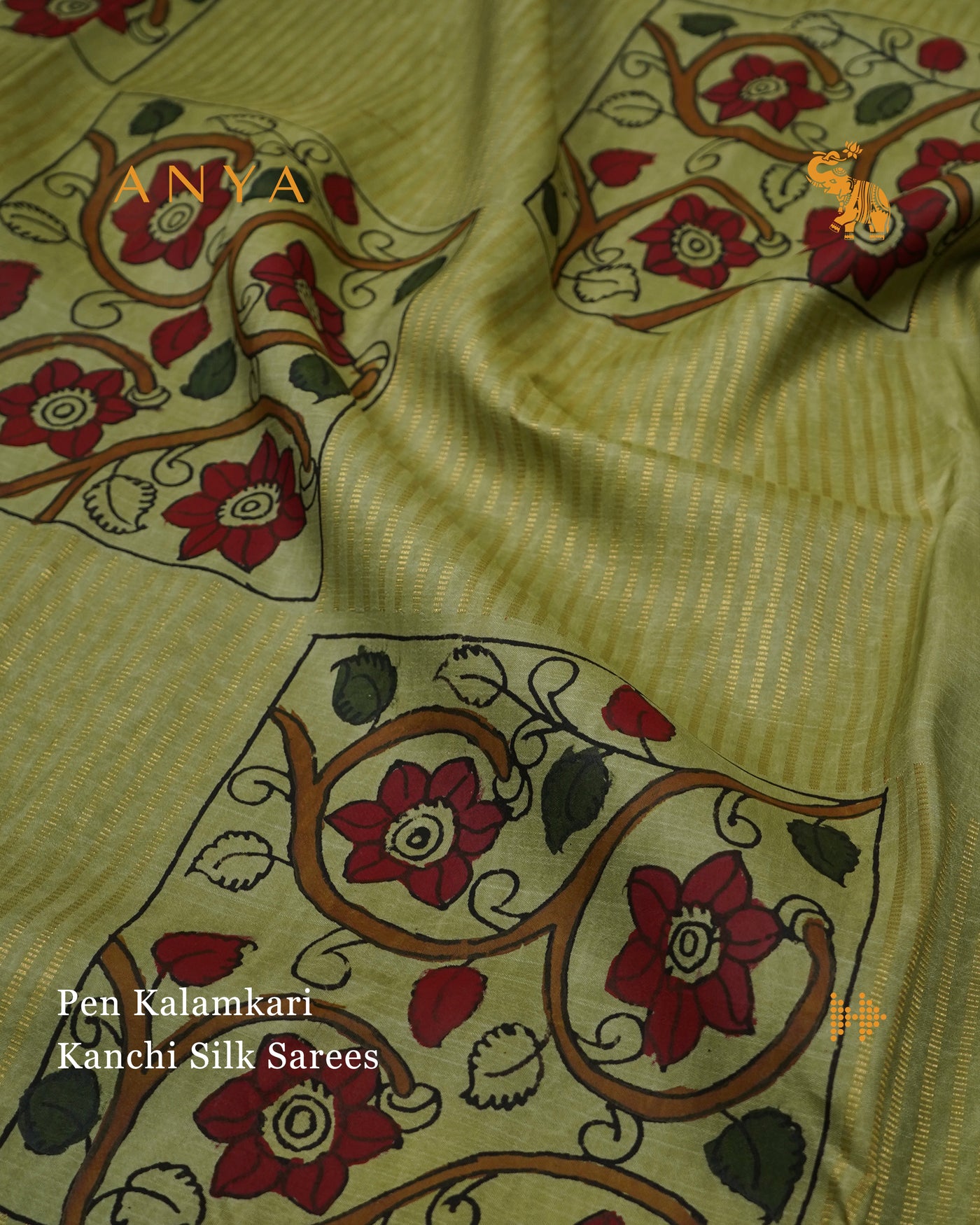 Apple Green Pen Kalamkari Kanchi Silk Saree with Box Pattern Kalamkari Design