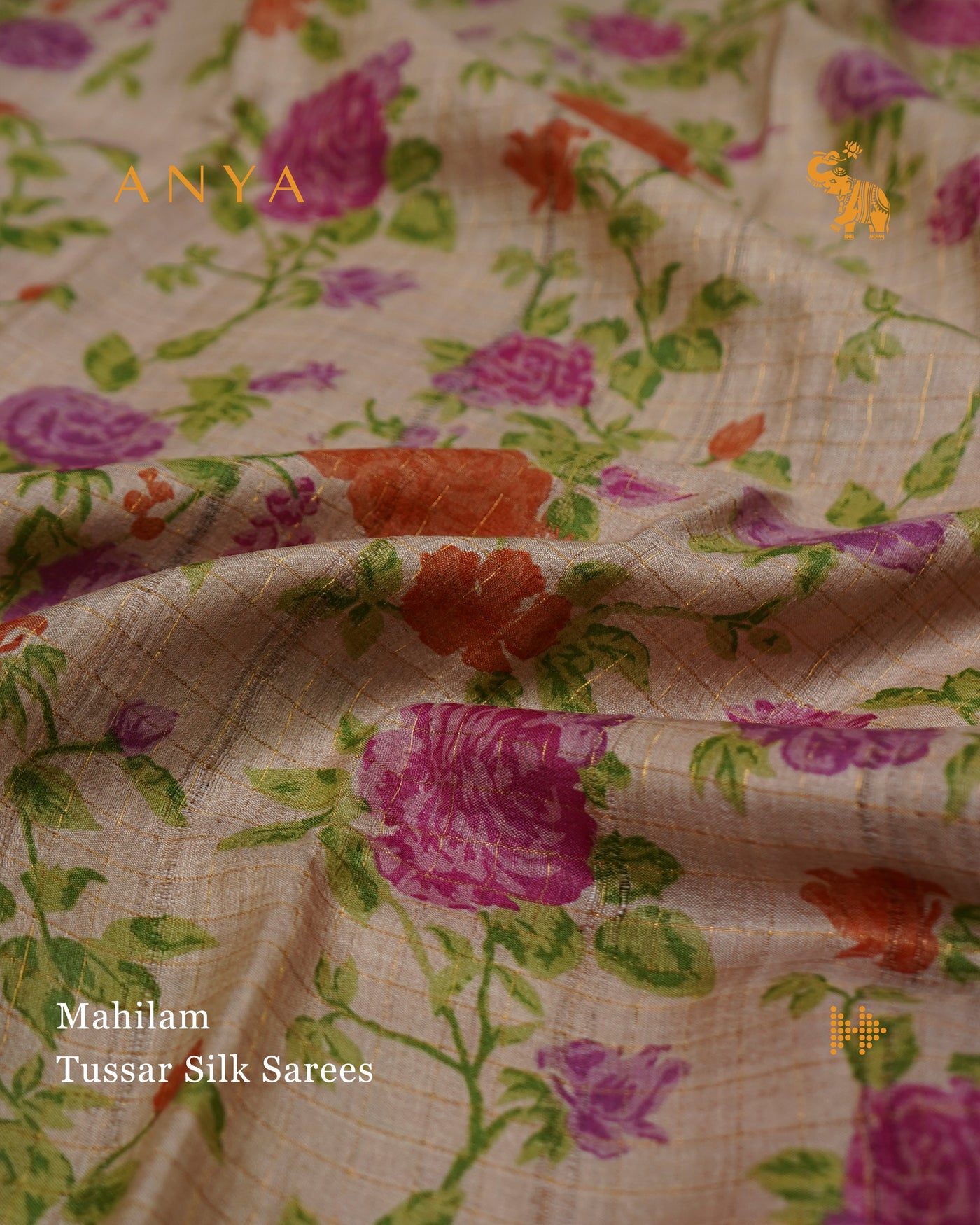 Off White Tussar Silk Saree with Floral Print and Zari Checks Design