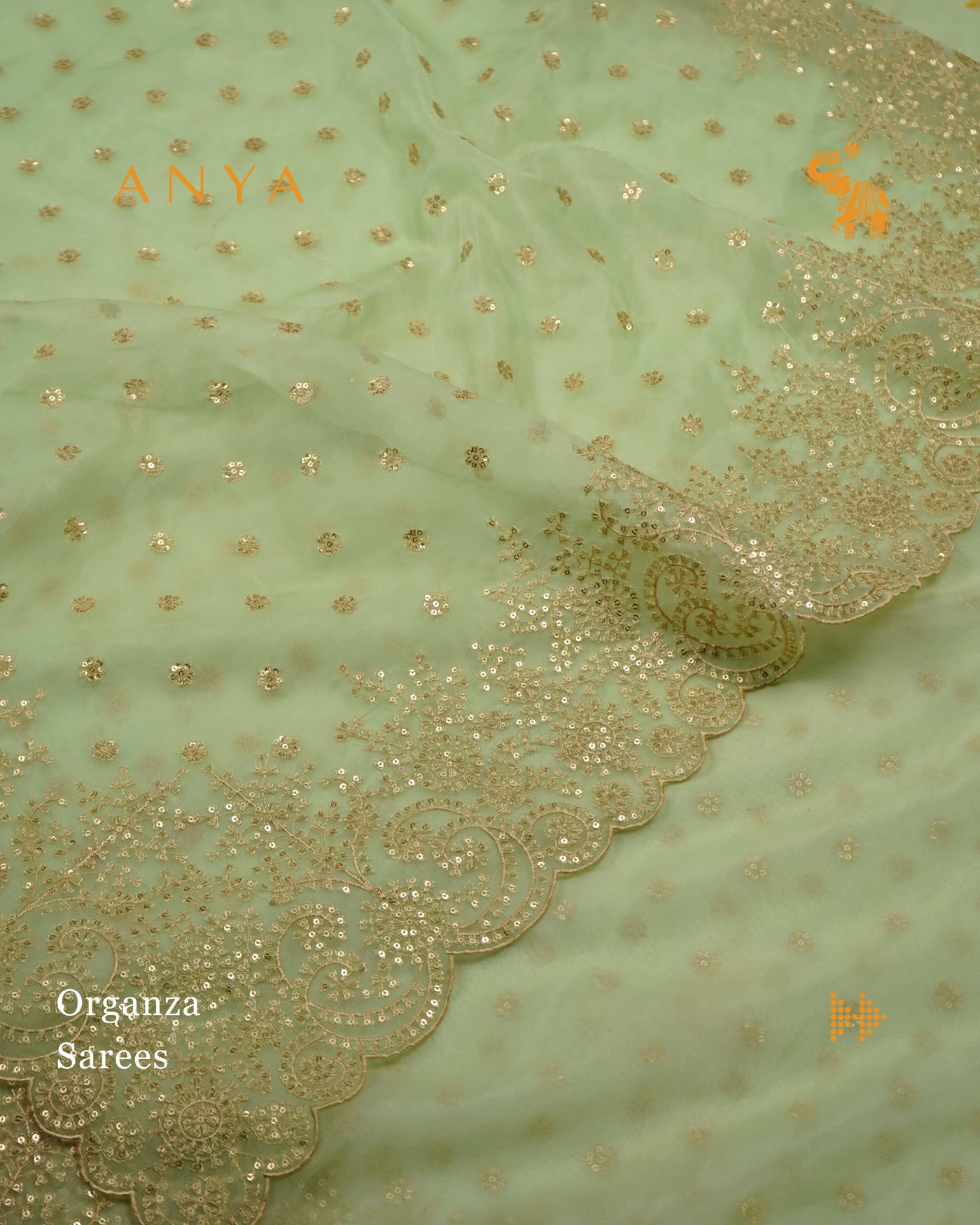 Elaichi Green Organza Saree with Sequins Embroidery Design