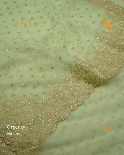 Elaichi Green Organza Saree with Sequins Embroidery Design