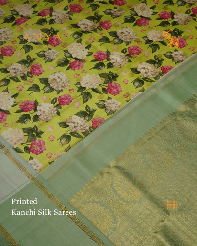 Pista Green Printed Kanchi Silk Saree with Floral Printed Design